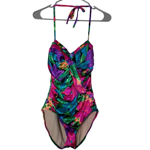 SlimSuit Vintage Floral Ruched One Piece Swimsuit Halter Tie Retro Shaping 10 - Picture 1 of 11